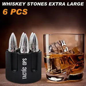 Tactic Ops Bullet Shaped Bourbon Whiskey Stones - 6 Stainless Steel Chillers for Cooling Whiskey, Bourbon, Scotch & More - Set - Utensils