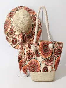Boho Vacation Style Straw Hat and Bag Set, Summer Wide Brim Sun Hat, Large Capacity Underarm Tote Bag, Boho Straw Hat, Summer Sun Hat