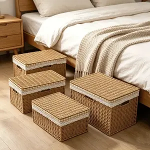 CNCEST 4-Pack Stackable Lace-Trimmed Rope-Woven Baskets, Eco-Friendly Natural Paper Rope Collapsible Cube Organizers for Closet, French Country Decor