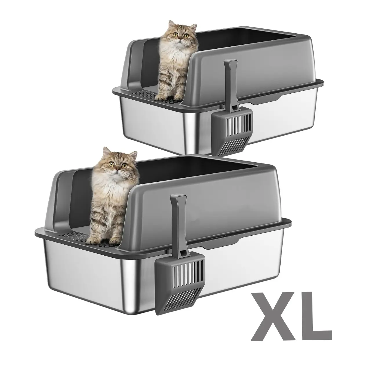 【Summer Sale】MISOFOG 2-Pack XL High-Sided Metal Litter Box with Lid - Stainless Steel, Non-Sticky, Anti-Leakage Tray, Easy Maintenance, Odour Control for Cats, Rabbits, Litter Tray