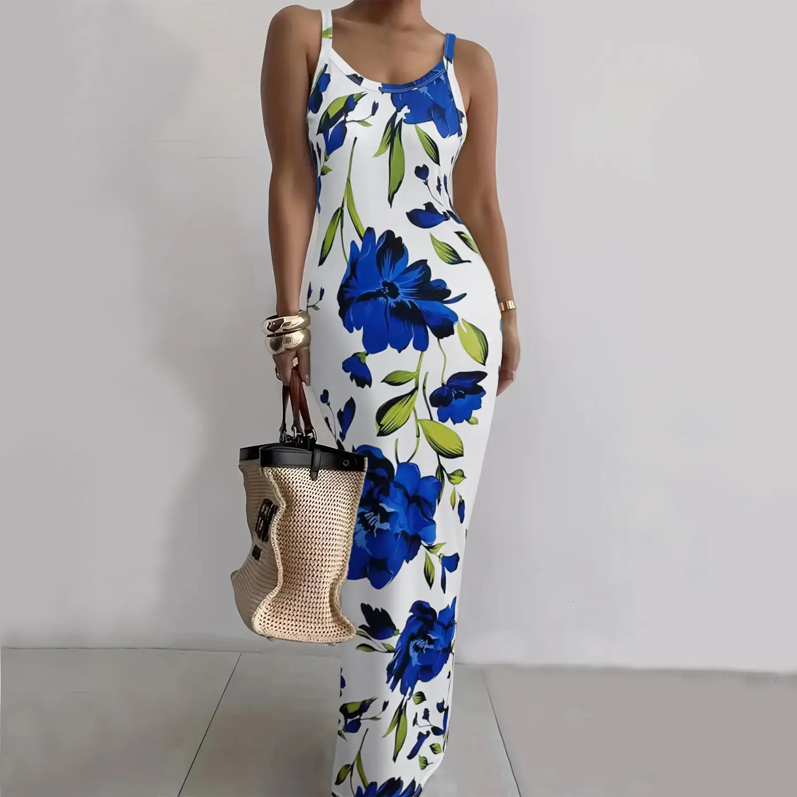 Elegant women's floral print bodycon maxi dress, polyester knitted fabric, women's round neck sleeveless maxi dress, suitable for all seasons, backless dress Casual Wear Spaghetti Strap summer outfits Womenswear sundress Medium Blue