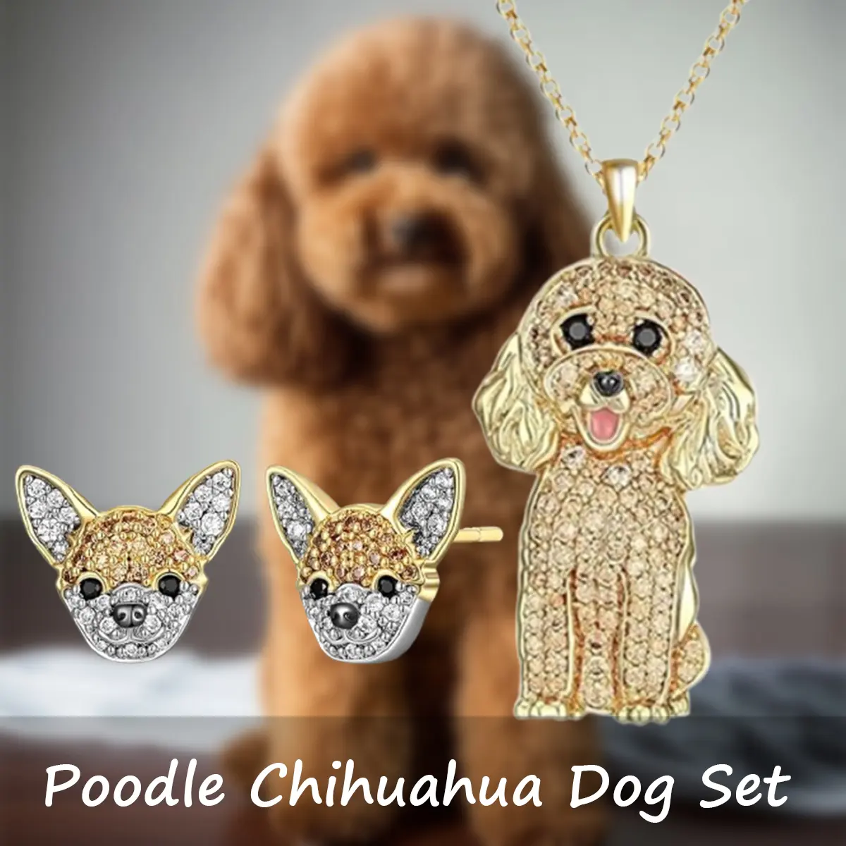 Cute Animal Jewelry Set for Women, 3-Piece Gold-Tone Alloy Poodle & Chihuahua Necklace and Stud Earrings, Daily Gift for Friend, Thoughtful Gift, Anniversaries, Birthday, Pendant, Unisex