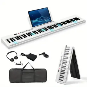 88-Key Foldable Semi-Weighted Standard Keyboard Electronic Piano (GPP-106), White, with Handbag and Headphone for Piano Lovers