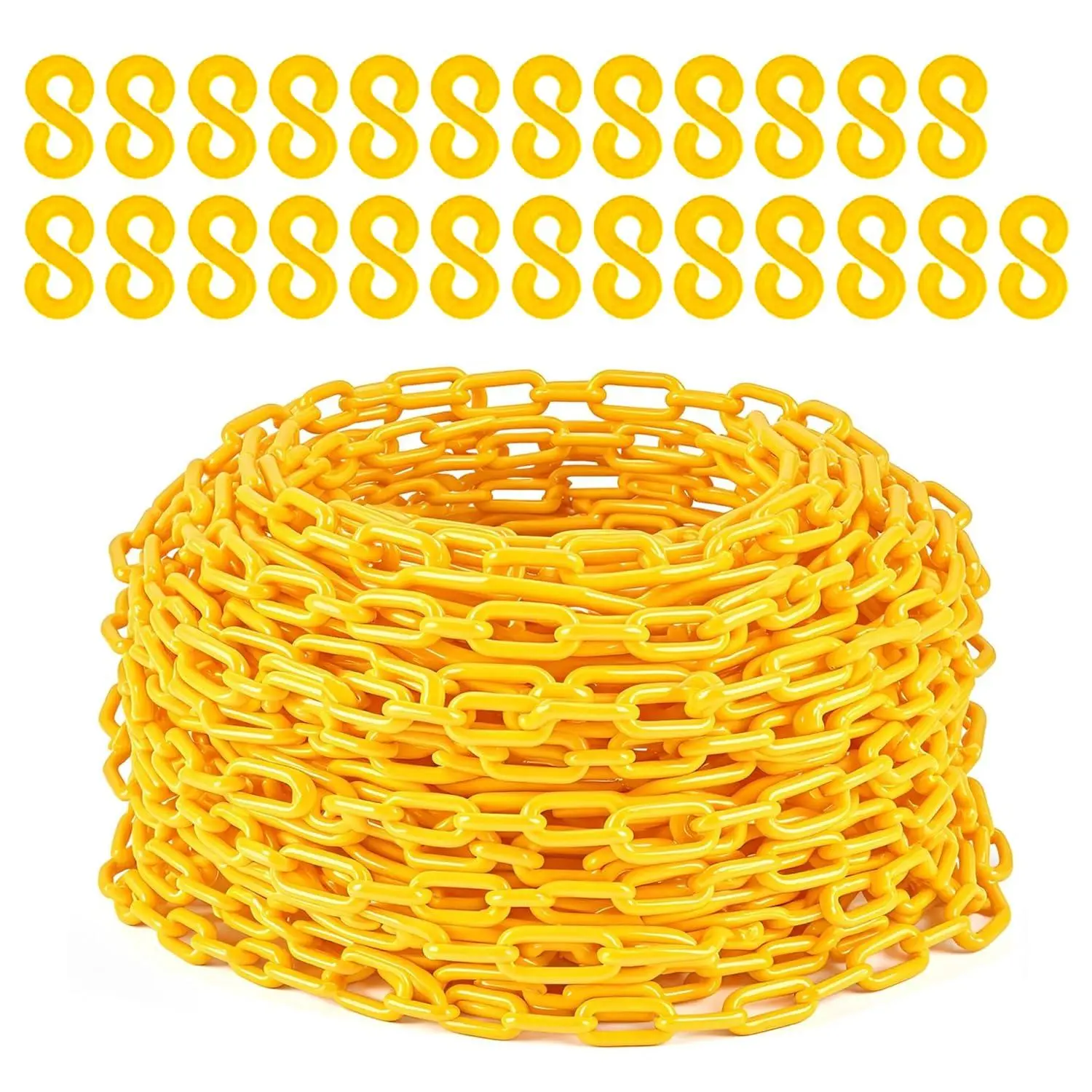 120 FT Plastic Chain Links, Safety Chain with 25 Hooks, Plastic Barrier Chains for Crowd Control, Parking Driveways Queue Lines Construction Sites UV Resistant,Yellow