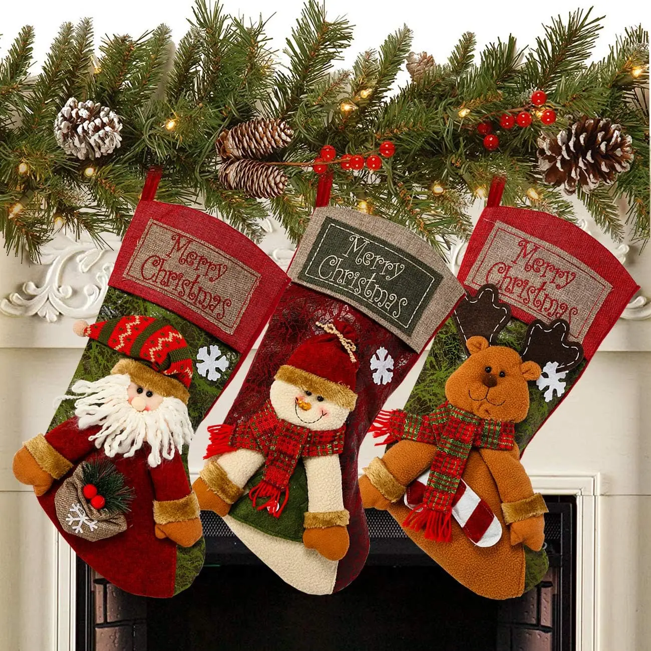 3-piece set 18inch Christmas stockings, classic large-sized socks with Santa Claus, snowman, reindeer Christmas patterns, suitable for home holiday Christmas party decoration