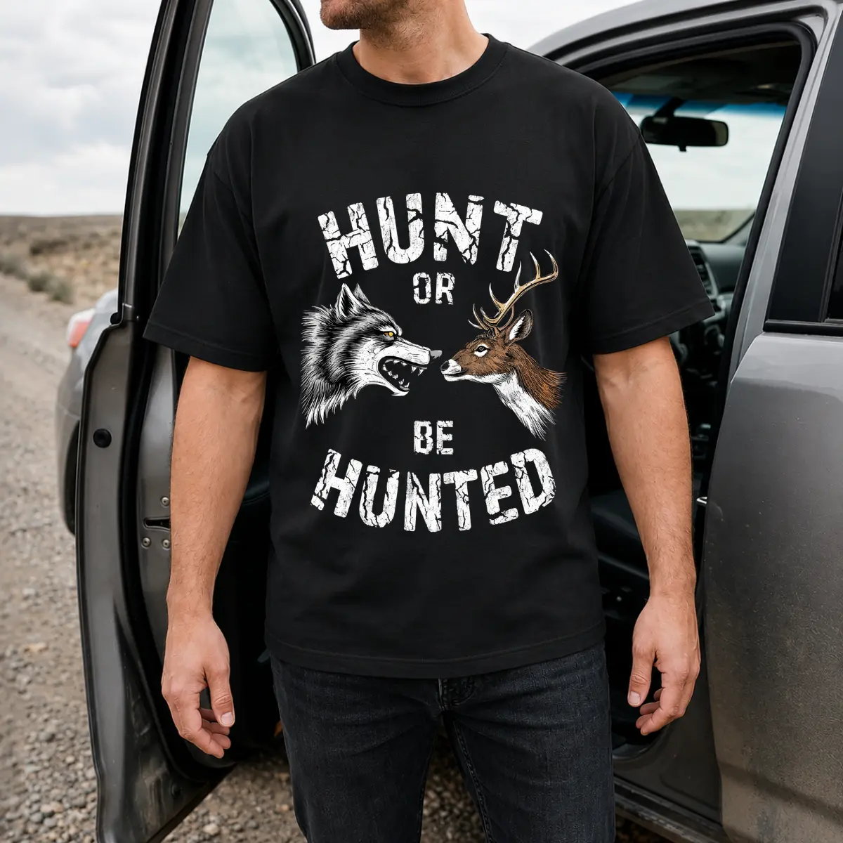 Hunt Or Be Hunted Wolf Deer Men T-Shirt, Vintage Wolf Vs Deer Hunting Men Graphic Tee, Retro Outdoor Wildlife Hunter Men Shirt, Front Graphic Print Tee, Hunting Wildlife Gift For Men And Hunters