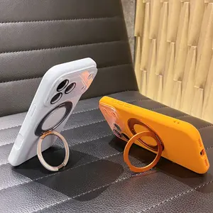 Liquid Silicone Ring Stand Magnetic Phone Case for Apple iPhone 17 Pro Max, Supports Wireless Charging, Simple Solid Color Design