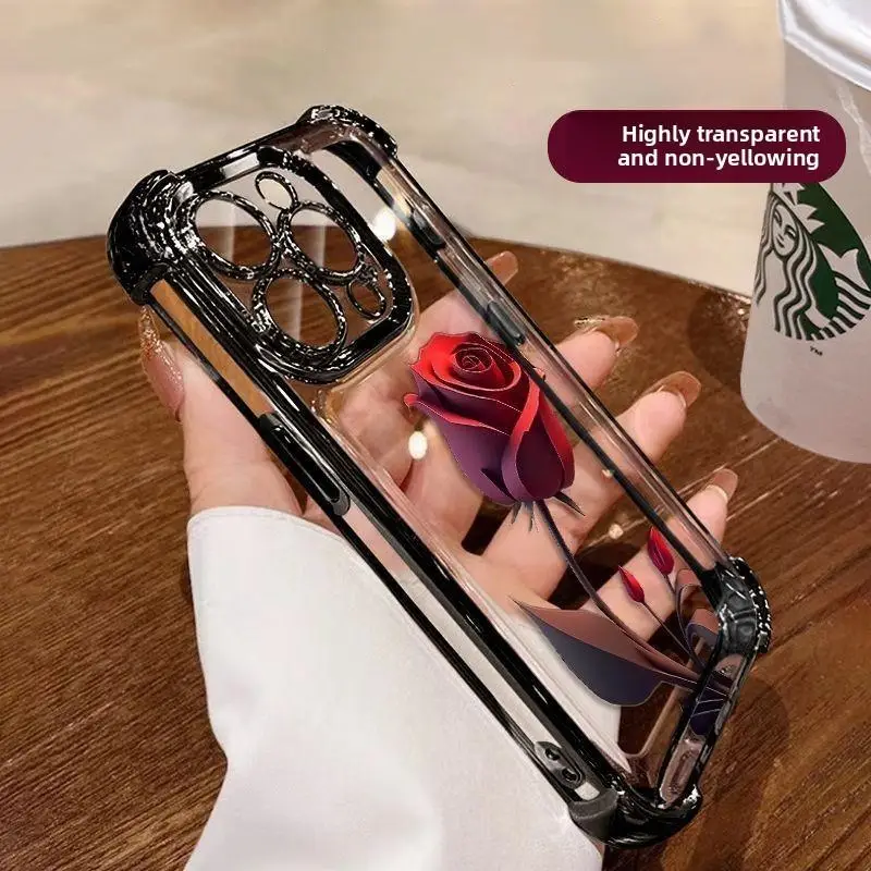 Fashion Rose Phone Case for 15 16 Plus 14 13 12 11 Pro Max, No Yellowing Shockproof Four-corner Airbag Electroplating Phone Cover for Women and Girl