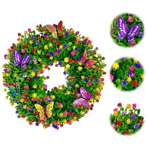 Artificial Eucalyptus Wreath Butterfly Flower Wreath Plastic Floral Wreath Eucalyptus Leave Wreath for Wall Window Farmhouse Party Holiday Home Decor