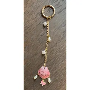 Authentic Scallop Shell Bag Charm or Keychain with Pink Bow & Pearl Accessories for Stylish Outfits