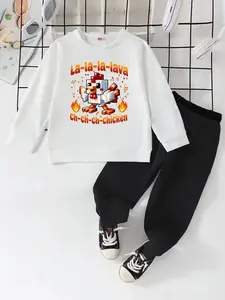 Boys' Spring & Fall Casual Cartoon Print Hoodie Set, Comfortable Long Pants, Fitted Round Neck Sweatshirt, Moderate Fabric, Unisex Kids Clothing