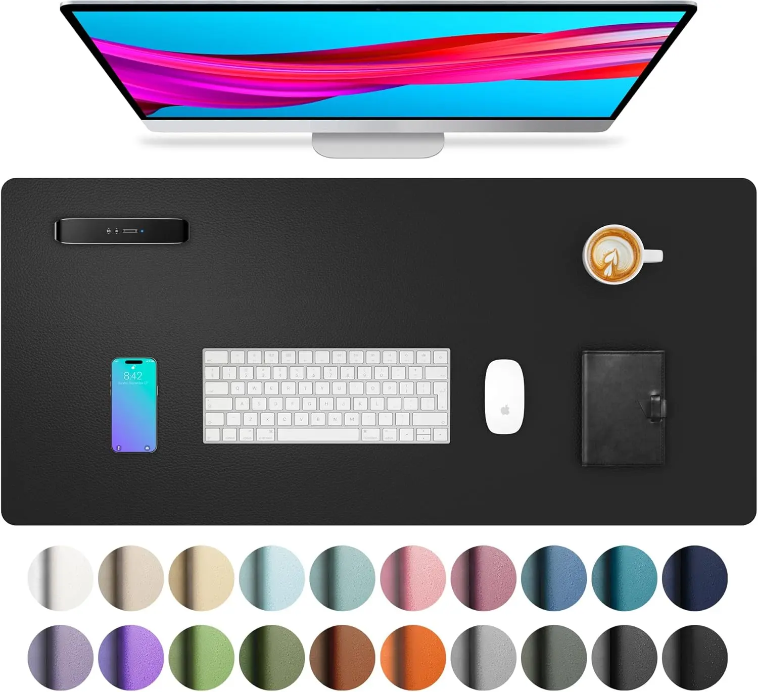 Black PU Leather Desk Mat, 23.6 x 13.7 Inch Water-Resistant Desk Pad for Mouse, Keyboard, Laptop, Writing and Office Use