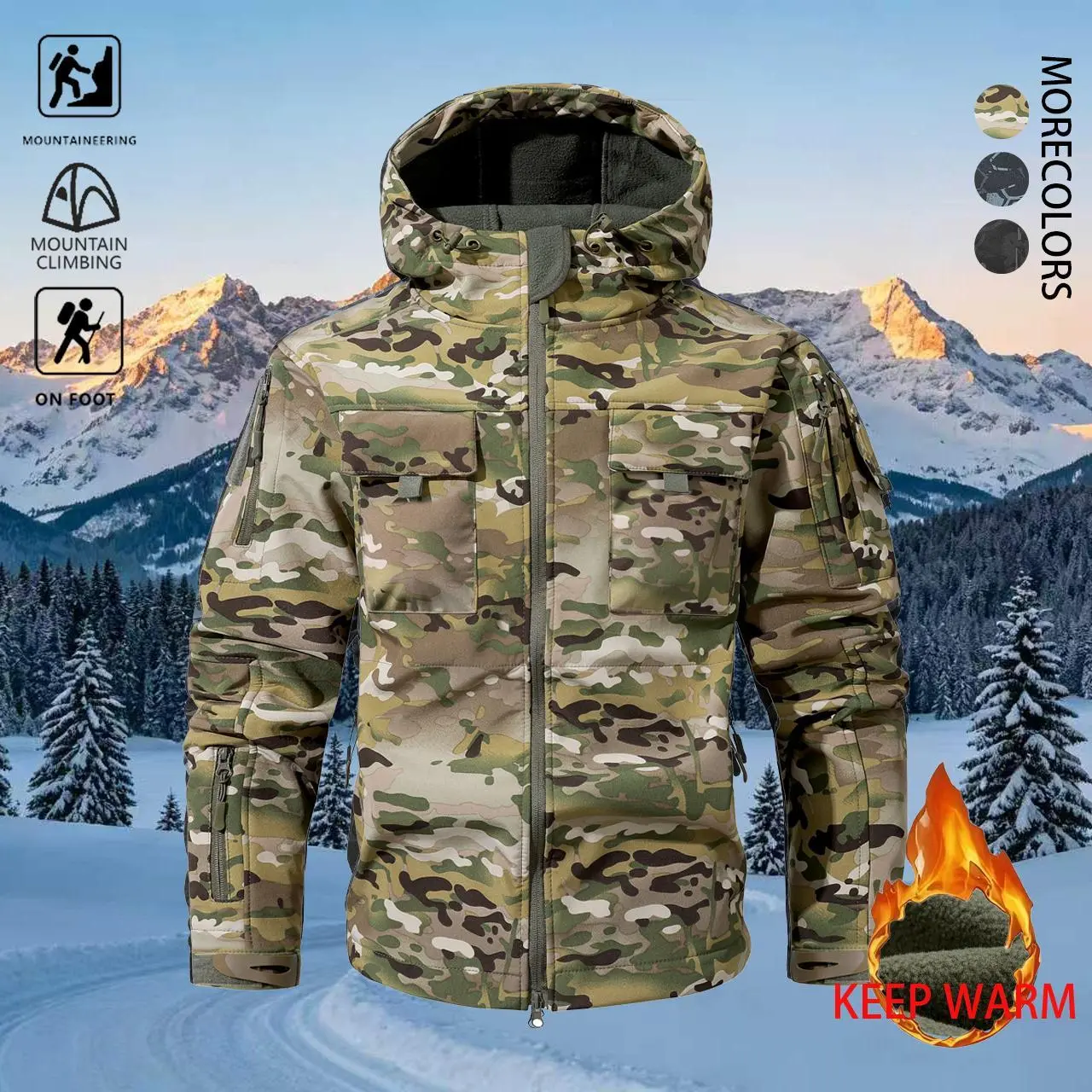 Men’s autumn/winter tactical camouflage jacket with a thick fleece lining, water-resistant fabric, and cold-weather protection for outdoor hiking.