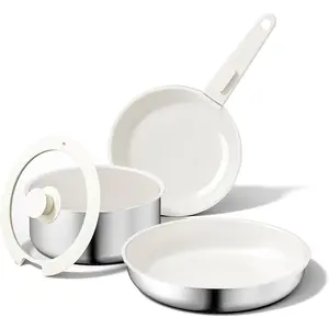 5 count Nonstick Cookware Set, -Titanium Ceramic Coating & 3 Layer Stainless Steel Pots and Pans Set with Detachable Handle, Dishwasher Safe, Induction Compatible, Oven Safe, White