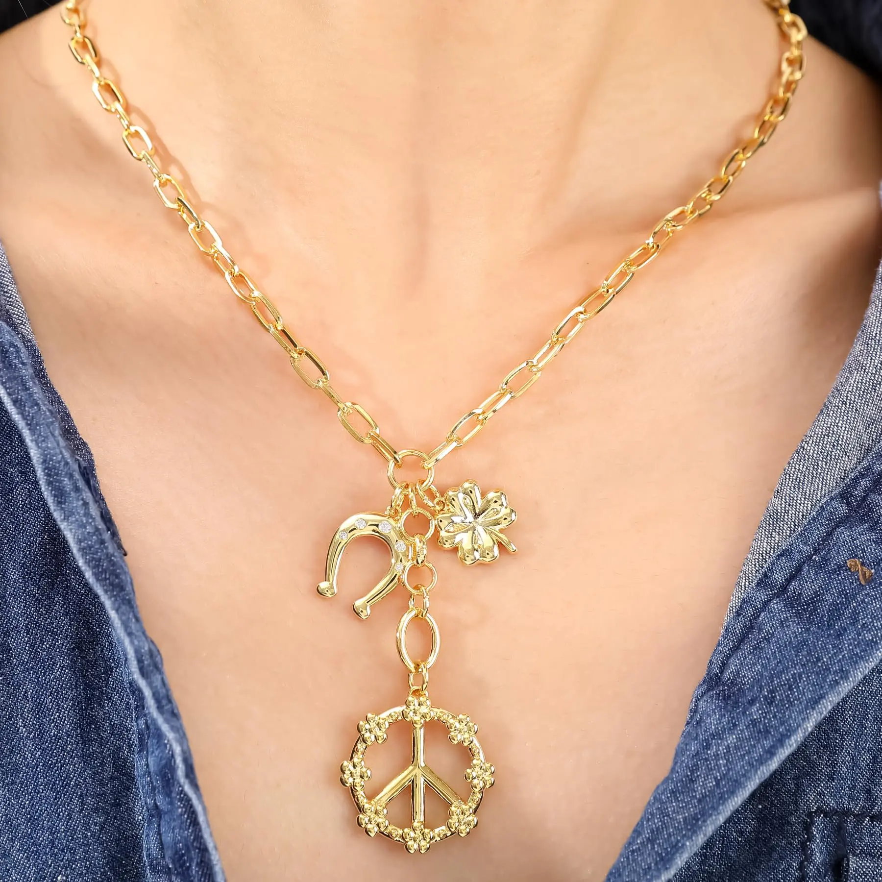 NEKOL Evil Eye Conch Peace Sign Butterfly Charm Necklace for Women, 14K Gold Plated Choker Charm Necklace, Paperclip Cubic Zircon Trendy Necklace Jewelry Gift for Christmas Day