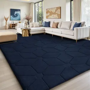 Large Size Jacquard Plush Rug, Big Fluffy 3D patterned Area Rug, Non-slip Soft Shaggy Carpet Mats for Livingroom Bedroom Nursery Home Decor Navy Blue