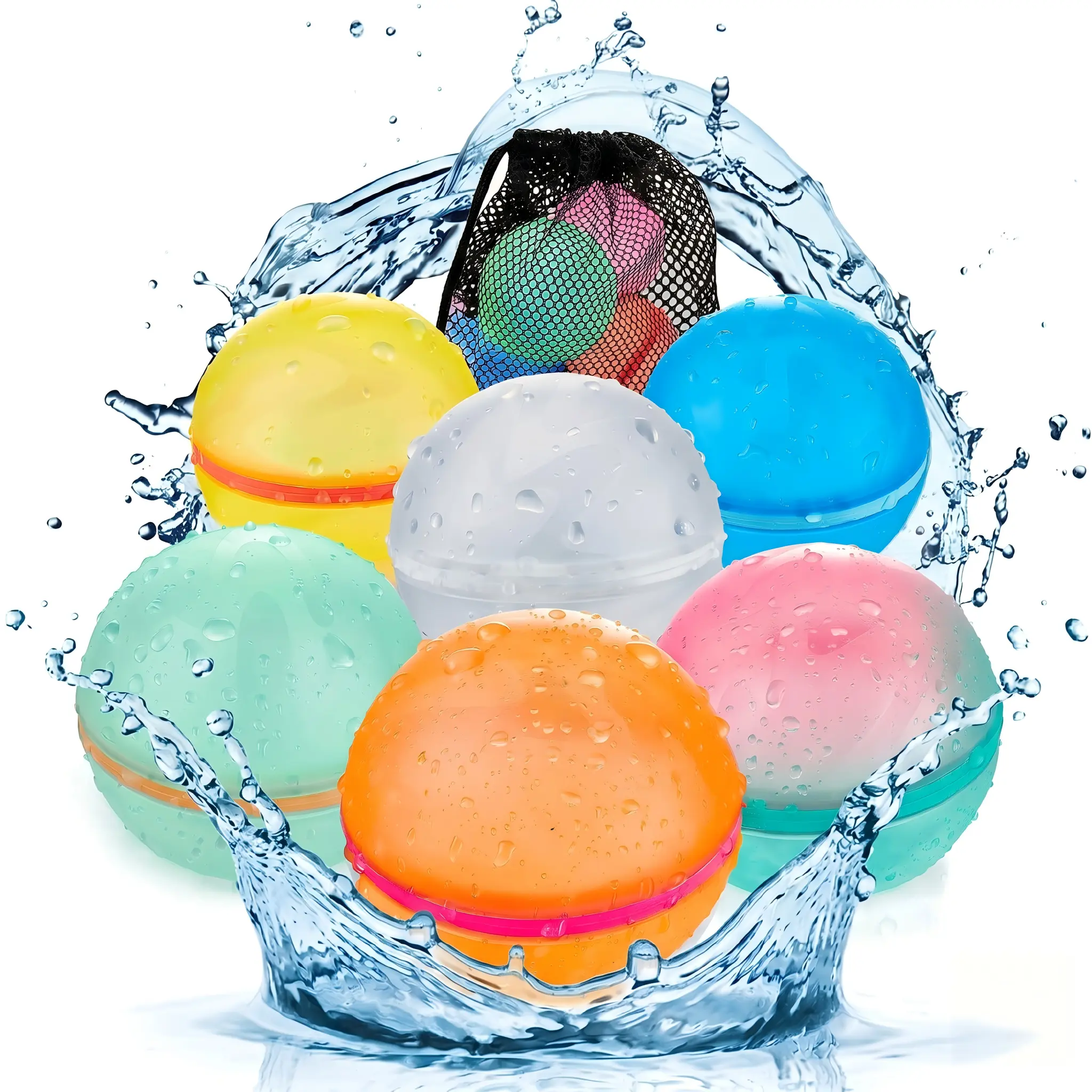 4pcs Unisex Magnetic Reusable Quick-Fill Water Balloons, Self-Sealing Silicone Swim-Friendly Splash Balls for Kids Ages 3+, with Mesh Bag for Pool, Backyard Summer Parties