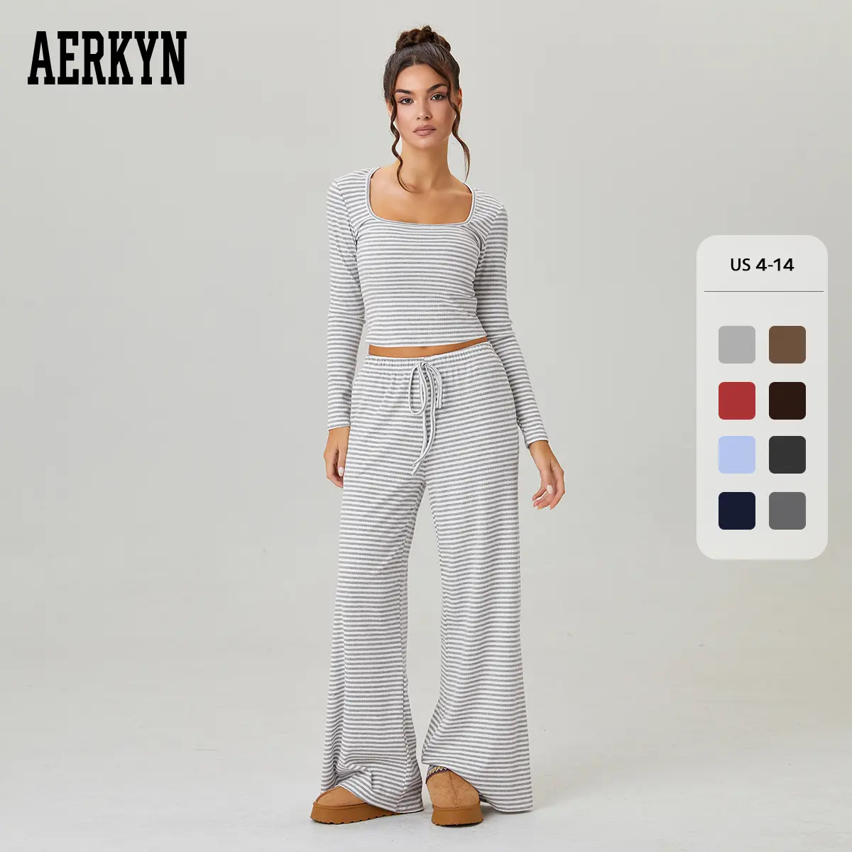 Women's Basic Square Neck Stripe Long Sleeve Crop Top & Low-Rise Wide Leg Trousers Co-ord, Minimalist Two Piece Outfits for Lady Spring & Fall (US)
