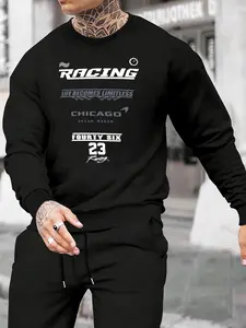 Fashionable and personalized two-piece men's set with long sleeves and pants printed with "RACING racing print" daily casual simple round neck long sleeved spring and autumn clothing two-piece printed men's fashionable sportswear