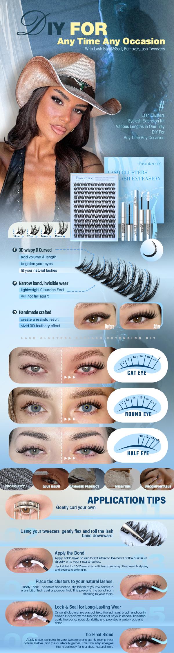 Pawotence Wispy Natural Lash Clusters Kit Spider Cluster Lashes D Curl Comfortable, Super Soft, Thin Band, Long Lasting Eyelashes DIY Lash Extensions for Daily Makeup Beginner Friendly