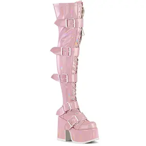 Demonia Camel-305 Baby Pink Stretch Hologram Knee-high Boots