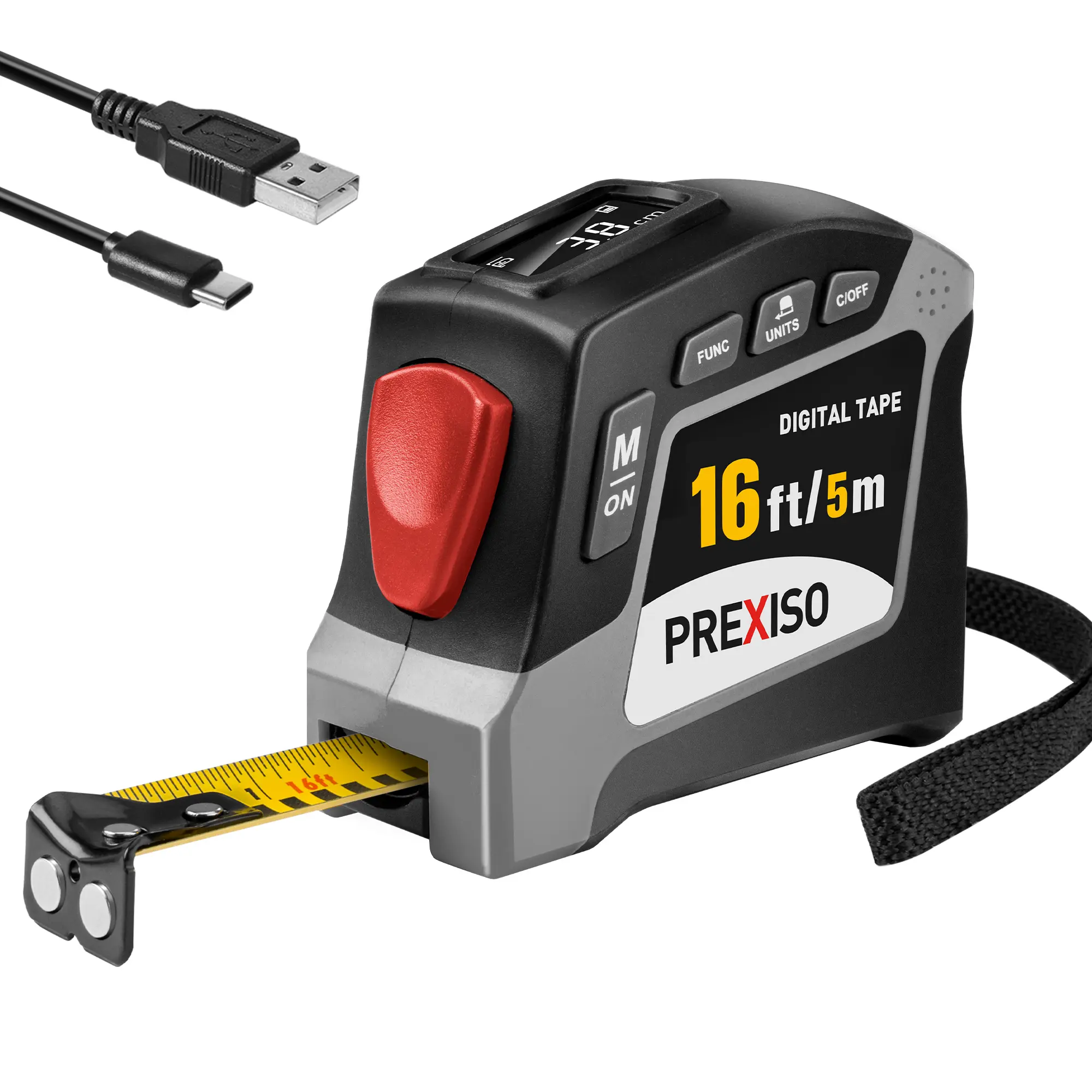 #Summersales PREXISO 2-in-1 Digital Tape Measure - 16Ft Rechargeable Digital Measuring Tape Ruler Ft/Ft+in/in/M/CM/MM Unit, Metric & Inches Retractable Measurement Tape Tools, Auto Lock, Pythagorean, Area, Volume