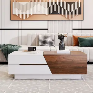 "Modern Extendable Coffee Table with Sliding Top & Storage – White & Walnut Center Table for Living Room, Apartment & Lounge |   Stylish Multifunctional Accent Furniture