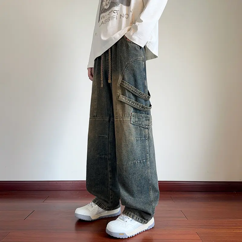 Men's Retro Streetwear Cargo Pants in Heavyweight Washed Denim with a Loose, Straight-Leg Fit and Multi-Layer Strap Details, Fitted, Vintage