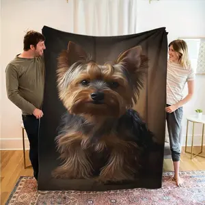Yorkie Themed Flannel Blanket, Soft Light Beige Plush Blanket, Warm Cozy Throw Blanket, All Season Lightweight, Sofa Bed Office Decor, Dog Illustration, Playful Design, Soft Touch Fabric, Machine Washable, Portable Napping Travel Blanket, Gift For Family,