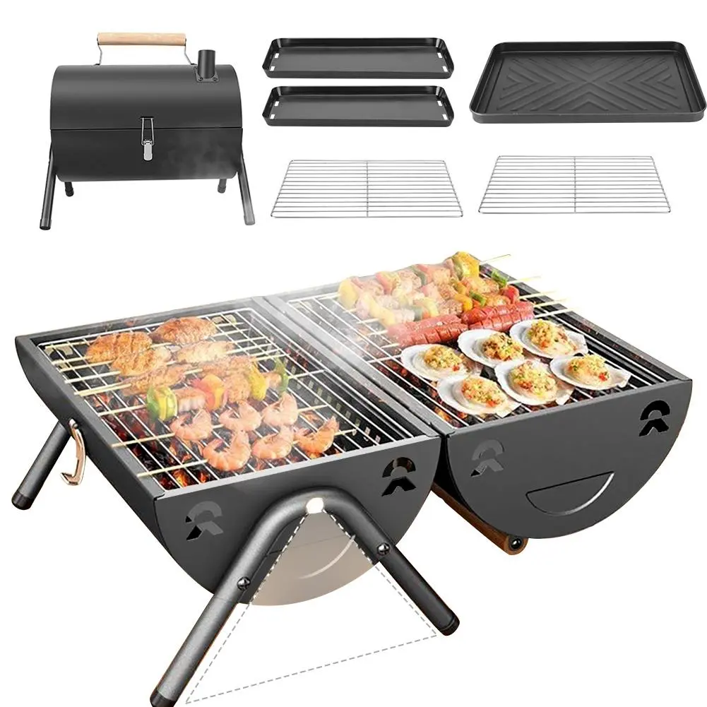 Portable Iron Charcoal Grill, Tabletop Outdoor BBQ Grill with 2 Carbon trough, 2 Baking Net,1 Baking for Outdoor Backyard Camping Picnics, Patio and Parties, Black