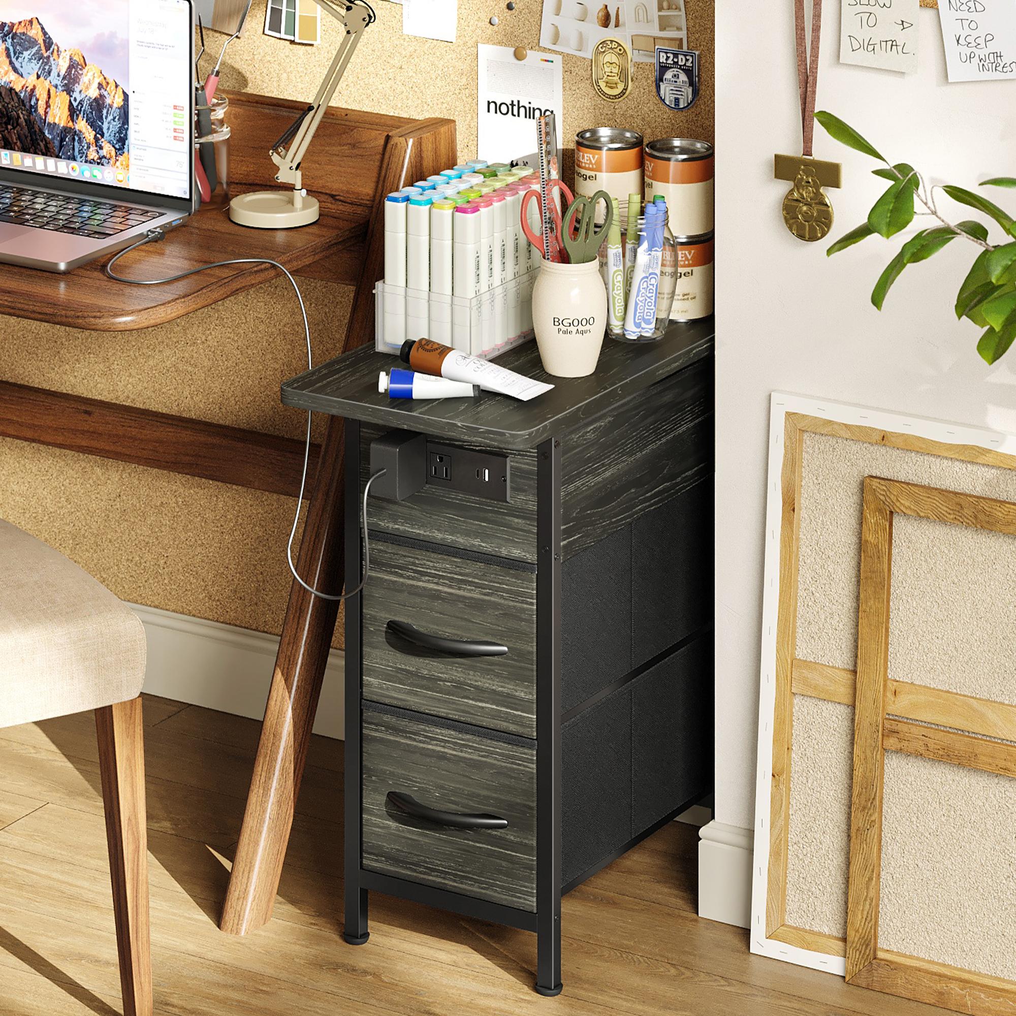 Huuger Narrow End Table with Charging Station, Flip Top Side Table with 2 Fabric Drawers, Slim Night Stand with USB-C Port for Small Spaces, Nightstand Bedside Couch Table, Living Room
