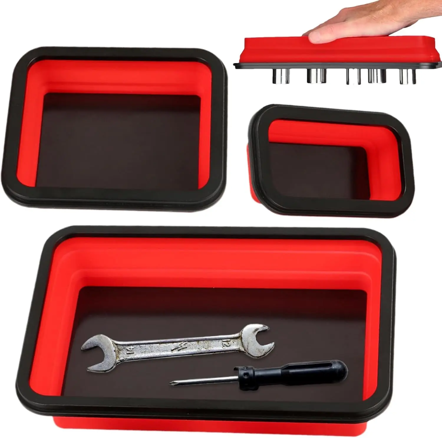 Foldable Magnetic Silicone Parts Tray Set (3 Sizes, Red) Tool Organizers, Magnetic Tool Trays for DIY Enthusiasts’ DIY Work Storing Screws, Bolts, Nuts, Washers, Needles, Small Metal Parts