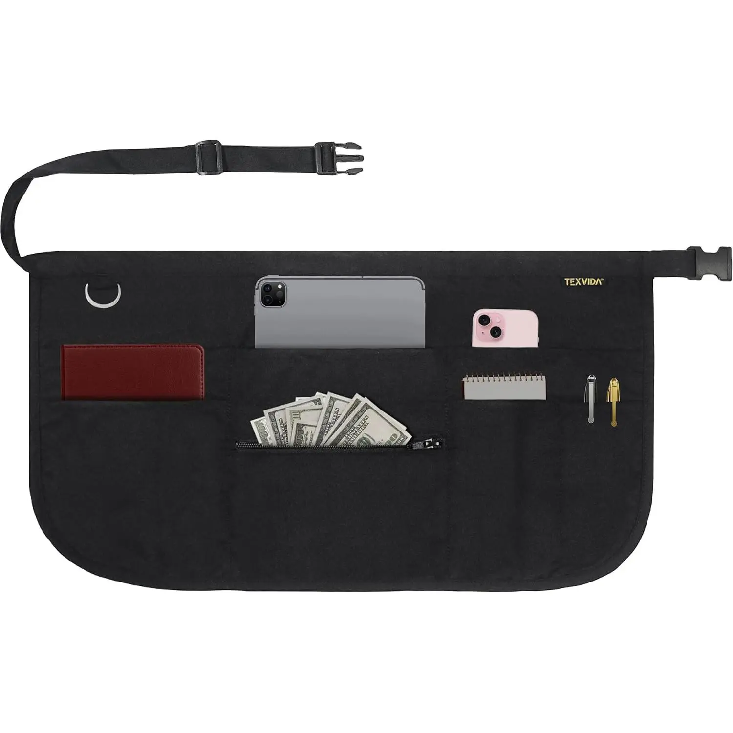 Black Server Apron - 7-Pocket, Adjustable, Comfortable, Washable, Stain Resistant, Buckle Closure, Zippered Money Pouch (Aprons with Pockets)