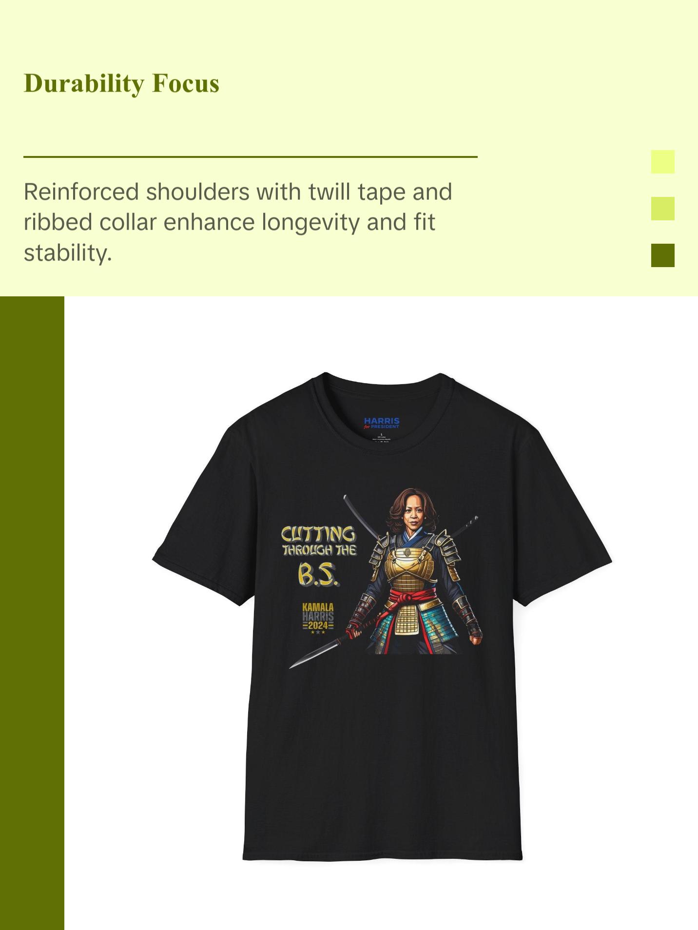 Kamala Harris "Cutting Through the B.S." Samurai T-Shirt - Bold Political Statement Tee - Available in Multiple Colors Classic Cotton Fabric Menswear Top Collar Graphic Crewneck