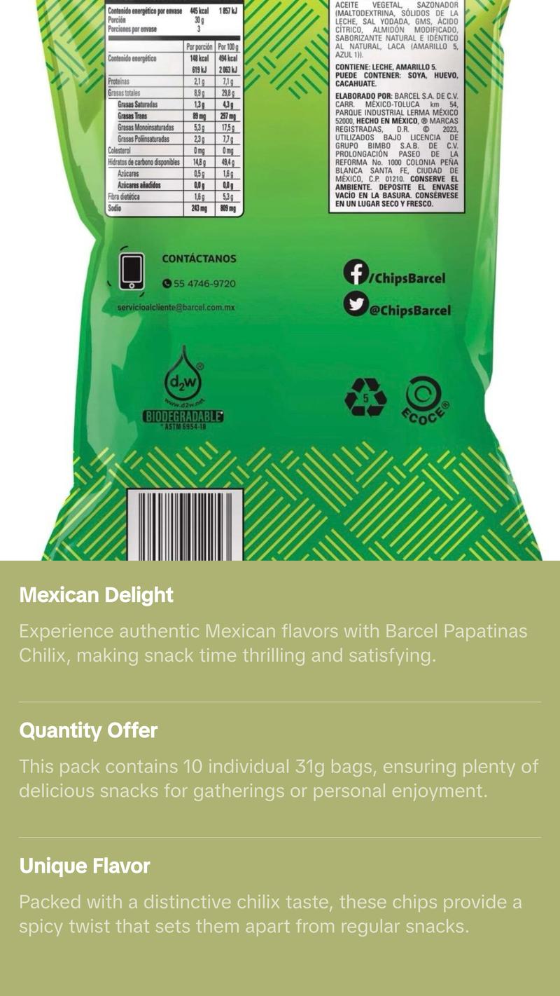 Barcel Papatinas Chilix Papas Botanas Frituras Mexican Chips 31g Pack of 10