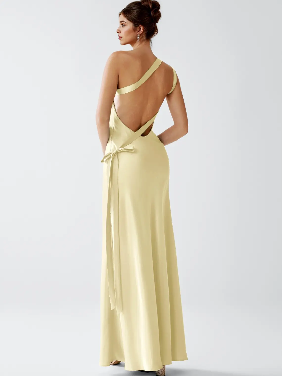 Azazie Stephanie One Shoulder Bias Cut Cutout Floor Length Wedding Guest Formal Evening Luminous Satin Dress