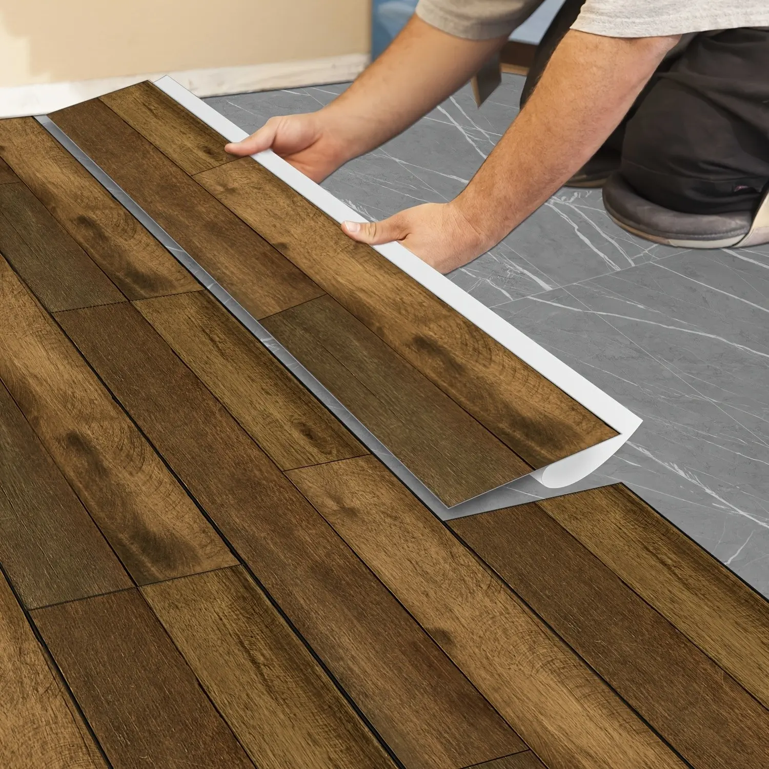 5pcs Vintage Wood Grain PVC Floor Stickers, Easy Install Waterproof Flooring Tiles Cover, Bathroom Kitchen Decor, 15.24 X 88.9 Cm