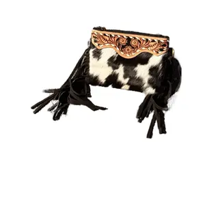Jillian Small Wristlet Purse with Cowhide Design and Fringe Accents for Stylish Accessory