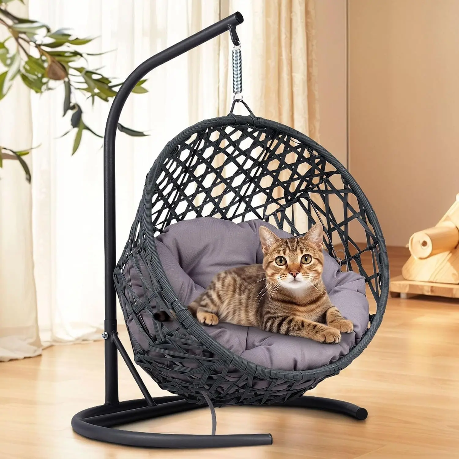 Cat Swing Bed with Stand & Cushion Indoor Outdoor, Egg Chair with Rattan Wicker Appearance, Hanging Swinging Hammock for Cats, Dogs and Small Animals, for Bedroom Porch (Gray-2)