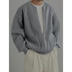 Spring Autumn Winter Men Zipper Knit Cardigan Sweater Loose Casual Lazy Simple Versatile Shoulder Pure Color Outerwear Coat