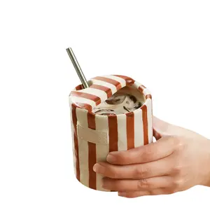 Vintage Striped Hand-Painted Ceramic Travel Coffee Mug with Stainless Steel Straw, Heat Resistant, Non-Slip, for Cold & Hot Drinks, Holiday Gift, Vintage Coffee Mugs
