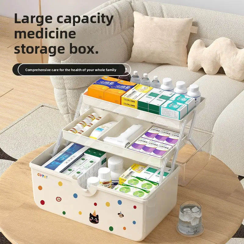 Large capacity medicine box, desktop handheld, three-layer transparent medicine storage box with lid, multifunctional creative medicine box