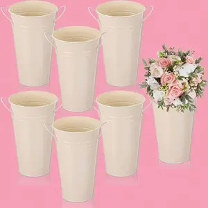 Farmhouse Style Beige Metal Vases with Handle - 9.8 Inch Rustic Flower Planters for Home Decor - Set of 6 Galvanized Buckets - Wedding Table Centerpiece Decorations - Reusable French Country Decor Decorative Containers Floral Kitchen Lightweight Prop
