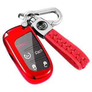 5 Buttons Car Key Fob Cover Key Fob Case Car Accessories Compatible with Jeep Dodge Chrysler with Braided Strap Red Blue Black Silver