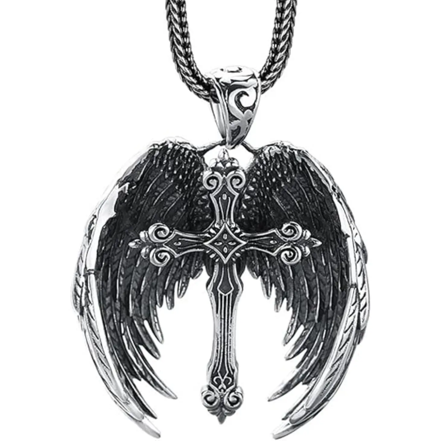 S925 Sterling Silver Cross Pendant, Men's Angel Wings Cross Sterling Silver Pendant Necklace,Punk Style Guardian Cross Necklace