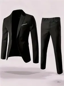 A Two-Piece Solid Color Men's Suit Set, Featuring a Casual One-Button Lapel Business Blazer, Formal Wear, Business Attire Clothes, Blazer Pants Set