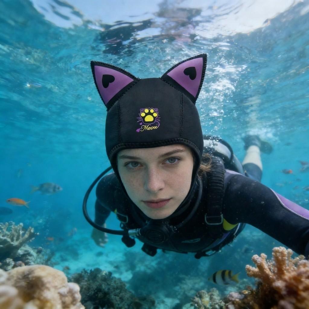 Diving Sweetheart Purple Ears Cat Hat Comfortable FitUnique Gift for Diving Lovers