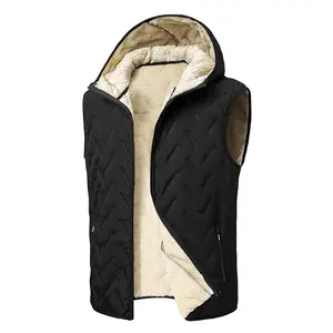 Men's Casual Black Shearling Hooded Vest - Quilted Design, Fleece Lining, Street Style & Winter Warmth