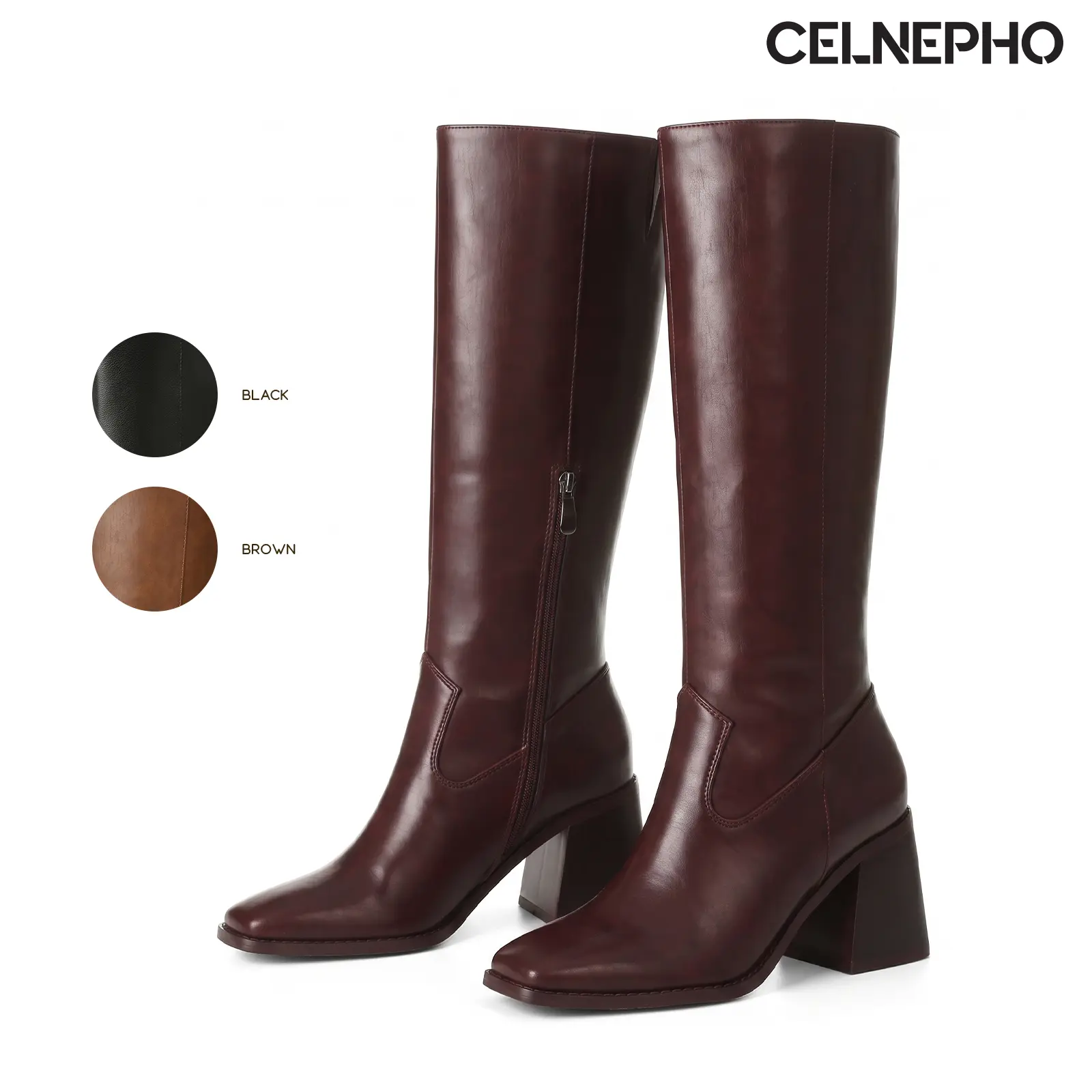 CELNEPHO Womens Tall Boots Square Toe Knee High Boot Side Zipper Closure Chunky Block Heel Vintage Campus Booties Easy Pull on Fall Fashion Boot Everyday Wear Party Outdoor Concert Wedding Nightclub Work Casual Comfy Dress Shoes Black Leather