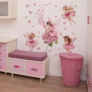 A set of 3 pieces (30*90cm*3pcs) pink butterfly fairy flower wall stickers for living room, bedroom, home background decoration, self-adhesive MS3301-YL Decorative wall sticker